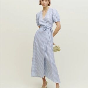 Reformation Blue Wrap Maxi Dress with Puff Sleeves